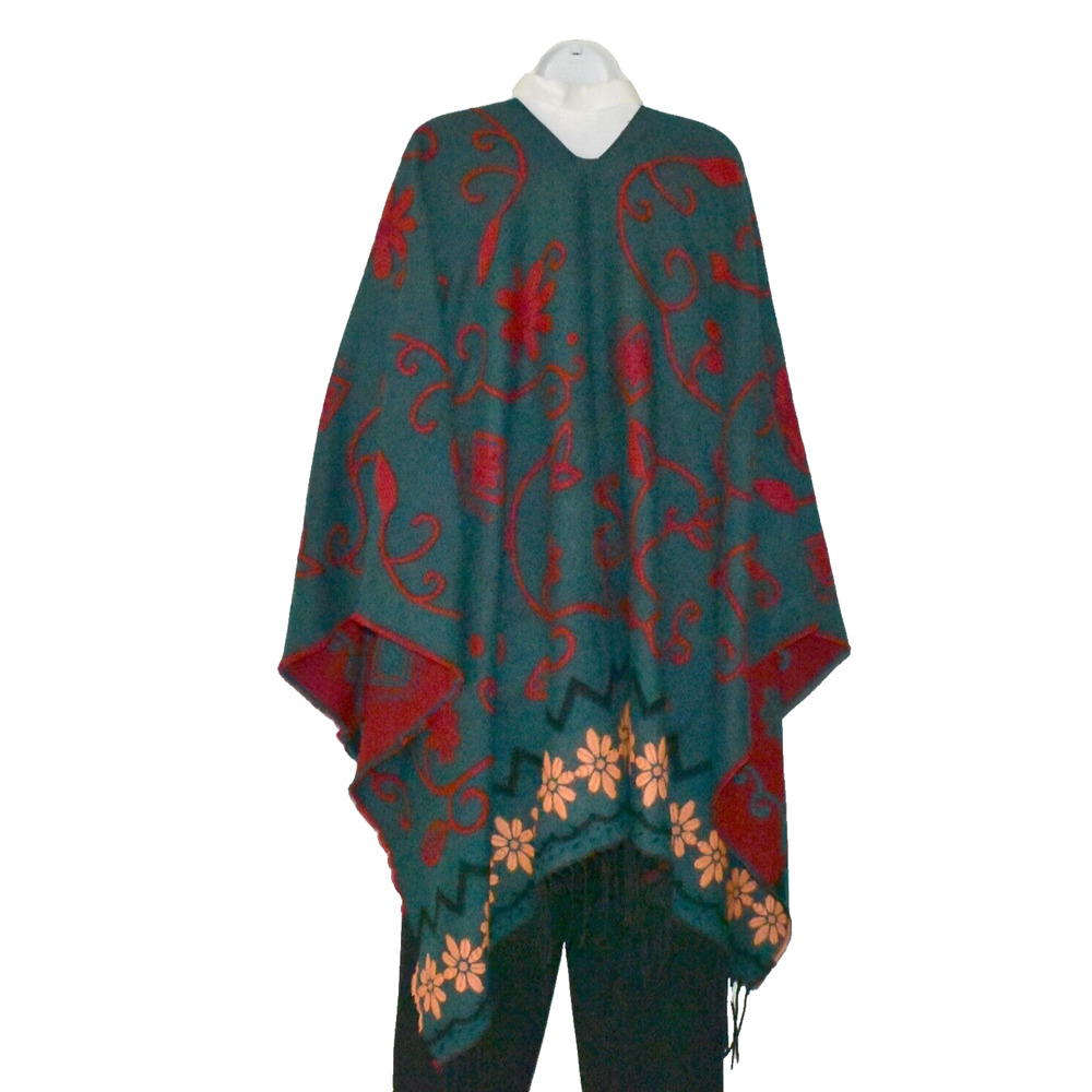 B0 NWT MOSS ROSE Teal Flower Knit Fringed Square Poncho Cape Wrap Shawl Size O/S - Picture 4 of 6